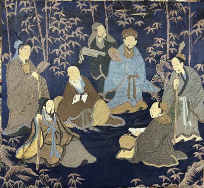 null Panneau redécoupé figurant sept sages dont la forêt sur fond bleu. 

Japon,...