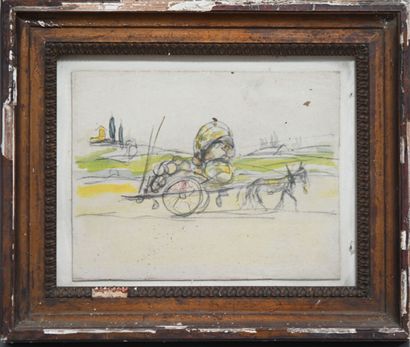 null Charles Félix GIR (1883-1941) "Ânes tirant une charrette" Crayon et aquarelle...