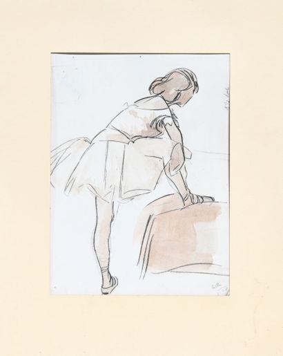 null Charles Félix GIR (1883-1941) "Danseuse nouant son chausson" aquarelle et crayon...