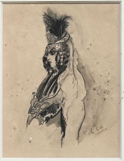 null Charles Félix GIR (1883-1941) "Actrice en costume d'orientale" Fusain sur papier...