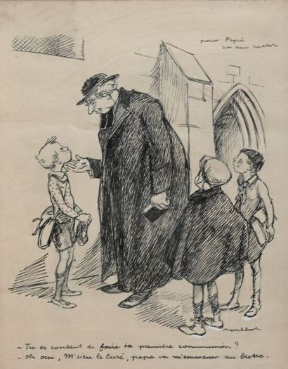 null Francisque POULBOT (1879-1946) Two works

"The priest and the children" Ink...