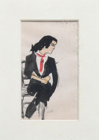 null Charles Félix GIR (1883-1941) "Espagnol au foulard rouge" Encre et aquarelle...