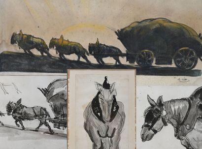 null Charles Félix GIR (1883-1941) Cinq dessins

"Charrette tirée par trois chevaux"...