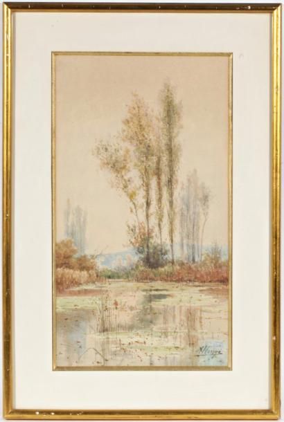 ALLONGÉ Auguste (1833-1898) "Etang aux peupliers" Aquarelle, signée en bas à droite...