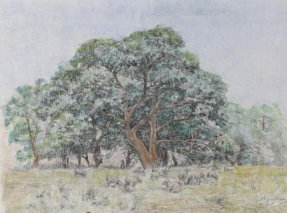 CHAIGNEAU Jean Ferdinand (1830-1906) "Bergère et ses moutons sous un bouquet d'arbres"...