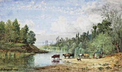 BOUQUET Michel (1807-1890) "Scène Pastorale" Paque émaillée, signée et datée 1868...