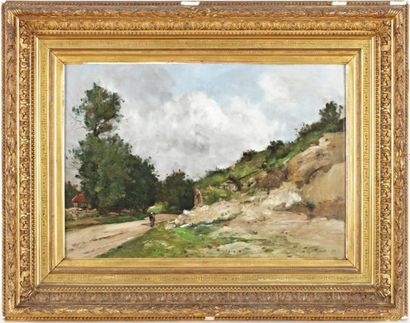GUILLEMET Antoine (1848-1918) "Paysanne sur la route" Huile sur toile, signée et...