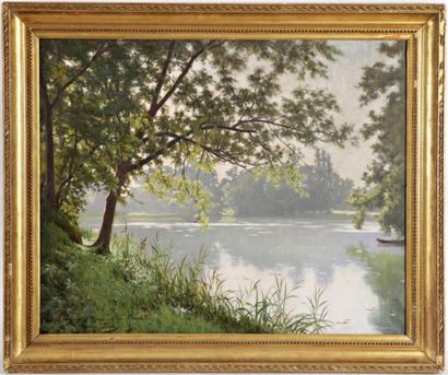 BIVA Henri (1848-1928) "Bord d'étang, effet de lumière" Huile sur toile, signée en...