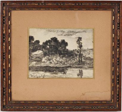 HARPIGNIES Henri Joseph (1819-1916) "Paysage de l'Allier" Fusain sur papier, signé...