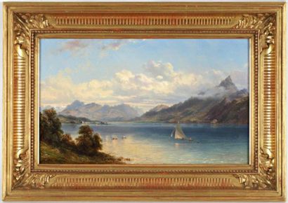 OUVRIE Justin Pierre (1806-1879) "Le lac du Bouget" Huile sur toile, signée en bas...