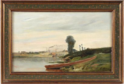 HAREUX Ernest Victor (1847-1909) "Bords de Seine, usines au loin" Huile sur panneau,...