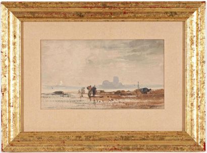 NOEL Jules Achille (1810-1881) "Promenade sur la plage" Aquarelle, signée en bas...