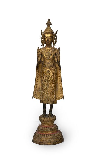 null THAILAND, Ratanakosin, circa 1900
Statuette of a Buddha standing on a lotus-shaped...
