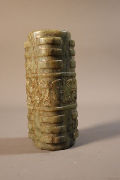 null CHINA, 19th century OR earlier
Large six-tiered green and brown vein jade (nephrite)...