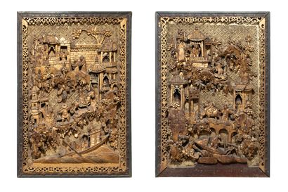 null CHINE, NINGPO, XXe siècle	
Paire de panneaux en bois sculpté et laqué or représentant...