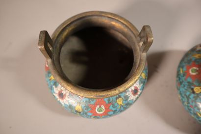 null CHINE, XIXe siècle	
Paire de brûle-parfums tripodes en bronze et émaux cloisonnés...