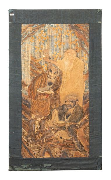 null JAPAN, MEIJI period (1868 - 1912)
Two polychrome embroidered silk panels 
representing...