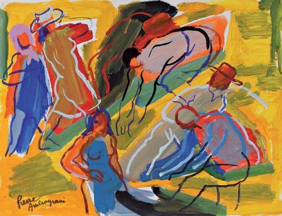 Pierre AMBROGIANI (1907-1985) «Travaux des champs», acrylique sur papier, signée...
