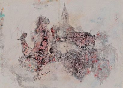 Sakti BURMAN (1935) «Paysage à la jeune fille, au paon et au clocher», encre, aquarelle,...