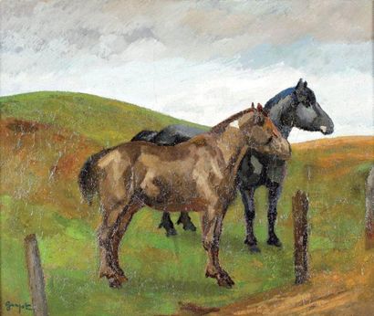 Georges GUYOT (1885-1973) «Les chevaux en Aubrac» Huile sur toile Signée en bas à...