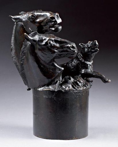 Georges Lucien GUYOT (1885/1973) «Chevaux et chiens» Epreuve en bronze à patine brun...