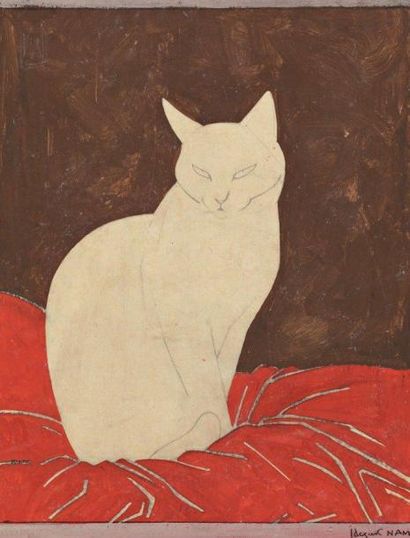 Jacques LEHMANN dit NAM (1881-1974) «Chat assis» Crayon et gouache sur papier japon...