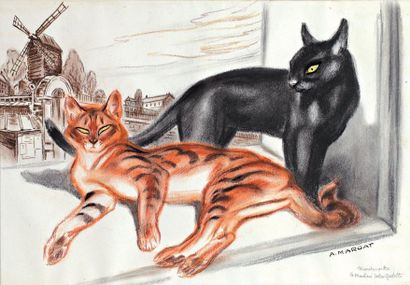 André MARGAT «Deux chats au Moulin de la Galette» Technique mixte sur papier Signée...