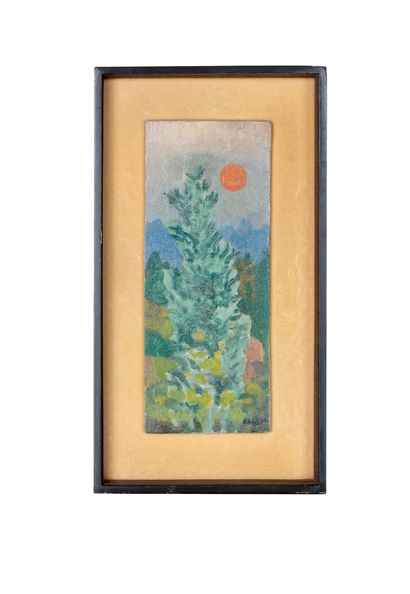 null Aubin PASQUE (1903-1981)
Fir Tree, Red Sun
Oil on panel 
Signed lower right...