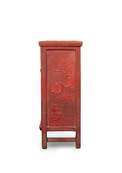 null CHINE, XVIIIe/XIXe siècle	
Cabinet en laque rouge cinabre
ouvrant à deux vantaux,...