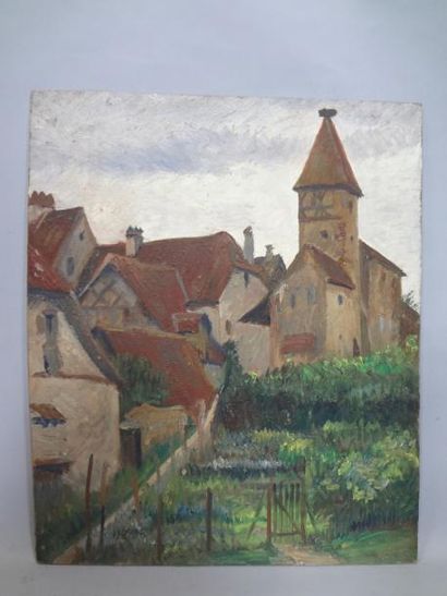 Georges CAPRON "Paysage d'Alsace: Le Potager derrière l'Eglise" Huile sur panneau....