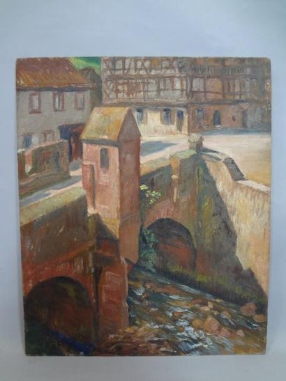 Georges CAPRON "Paysage d'Alsace: L'Echauguette sur le vieux pont" Huile sur panneau....