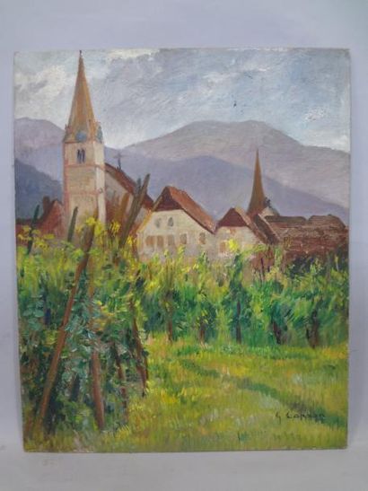 Georges CAPRON "Paysage d'Alsace: Les Vignes" Huile sur panneau. Signé en bas à droite....