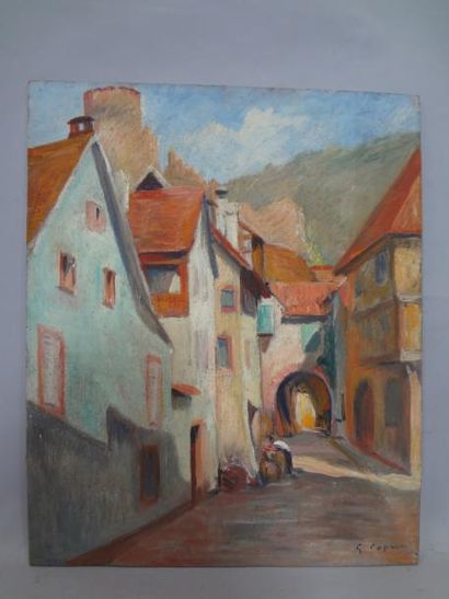 Georges CAPRON "Paysage d'Alsace: Rue Animée" Huile sur panneau. Signée en bas à...