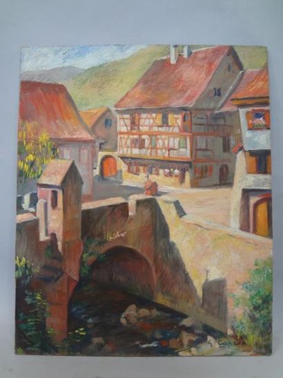 Georges CAPRON "Paysage d'Alsace: Le Vieux Pont" Huile sur panneau. Signée en bas...