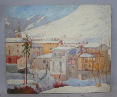 Georges CAPRON "Village montagnard sous la neige" Huile sur panneau. Signé en bas...