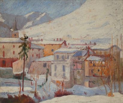 Georges CAPRON "Village montagnard sous la neige" Huile sur panneau. Signé en bas...