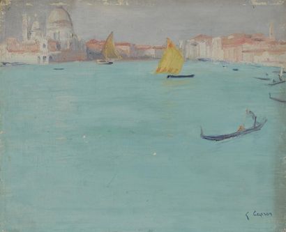 Georges CAPRON "Venise: canal animée de gondoles" Huile sur toile. Signée en bas...