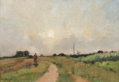 Leon ALEGRE (1813-1884) "Femme sur le chemin", Huile sur toile, signé en bas à gauche...