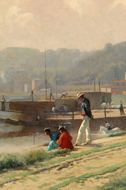 Ecole fin XIXème siècle "Le Bord de Seine animé près du pont de Sèvres" huile sur...
