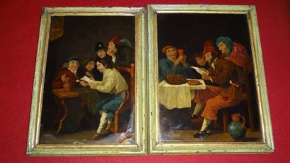 null Paire de fixés sous verre, "Scène de taverne", travail anglais du XIXème dans...