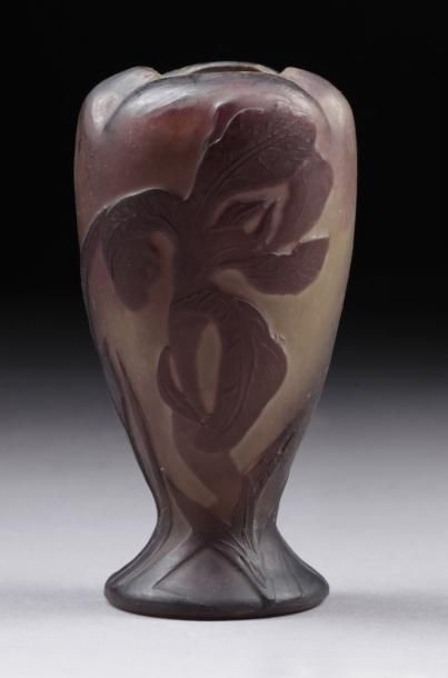 Emile GALLE Petit vase en verre mauve à décor d'un iris violet. Signé sur la panse....