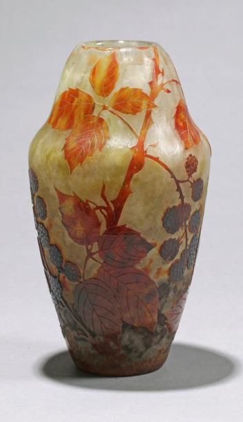 DAUM Vase ovoïde en verre marmoréen à décor dégagé à l?acide de branches de mures...