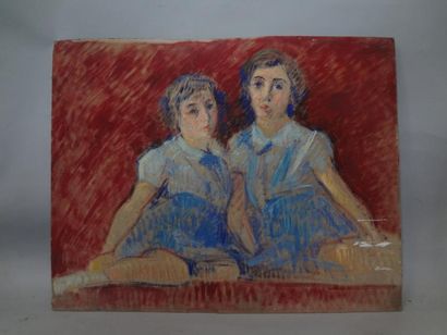Georges CAPRON "Les jumelles en robes bleues" Huile sur carton. 52,5 x 67 cm. Vendu...