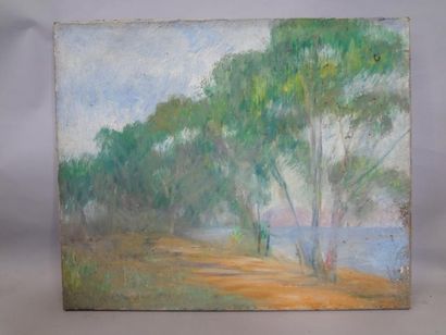 Georges CAPRON "Les Pins au bord du Lac" Huile sur toile. 60 x 73 cm. Accidents et...