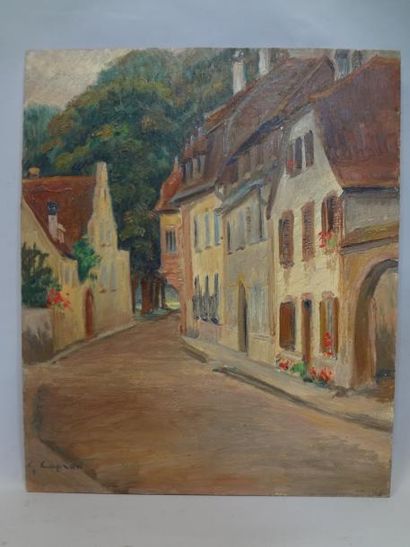 Georges CAPRON "Paysage d'Alsace: La Rue aux Geraniums" Huile sur panneau. Signé...