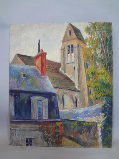 Georges CAPRON "L'Eglise" Huile sur panneau. 65 x 54 cm. Vendu en l'état.
