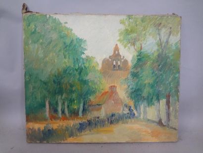 Georges CAPRON "La procession vers l'Eglise en Bretagne" Huile sur toile. 60 x 74...