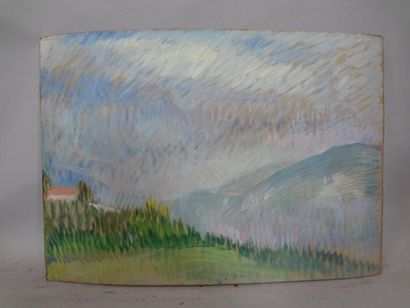 Georges CAPRON "Paysage de montagne" Huile sur carton. 53 x 75 cm. Panneau ondulé...