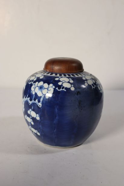 null CHINA, 19th century
Porcelain ginger pot decorated in blue underglaze with plum...
