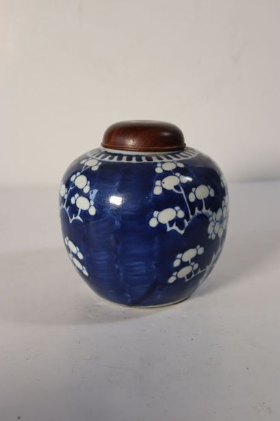 null CHINA, 19th century
Porcelain ginger pot decorated in blue underglaze with plum...